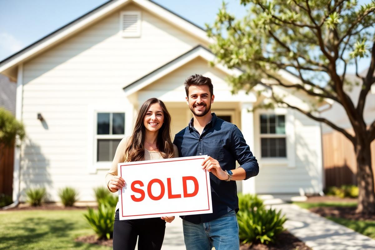 Young couple with SOLD sign in front of new Waco starter home